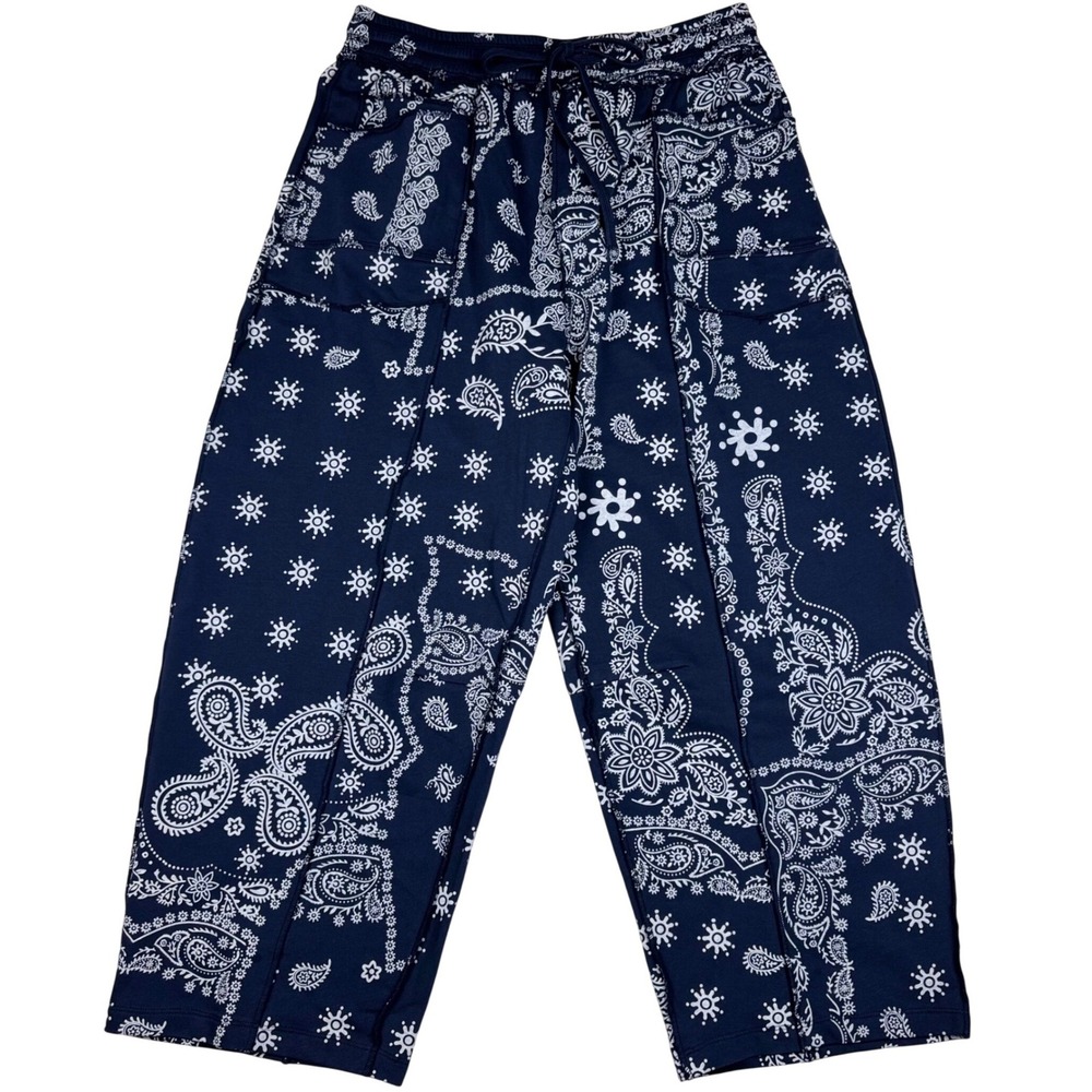 Anniewear Paisley Bandana Print Wide Leg Barrel Knit Pants Women Large Blue Chic